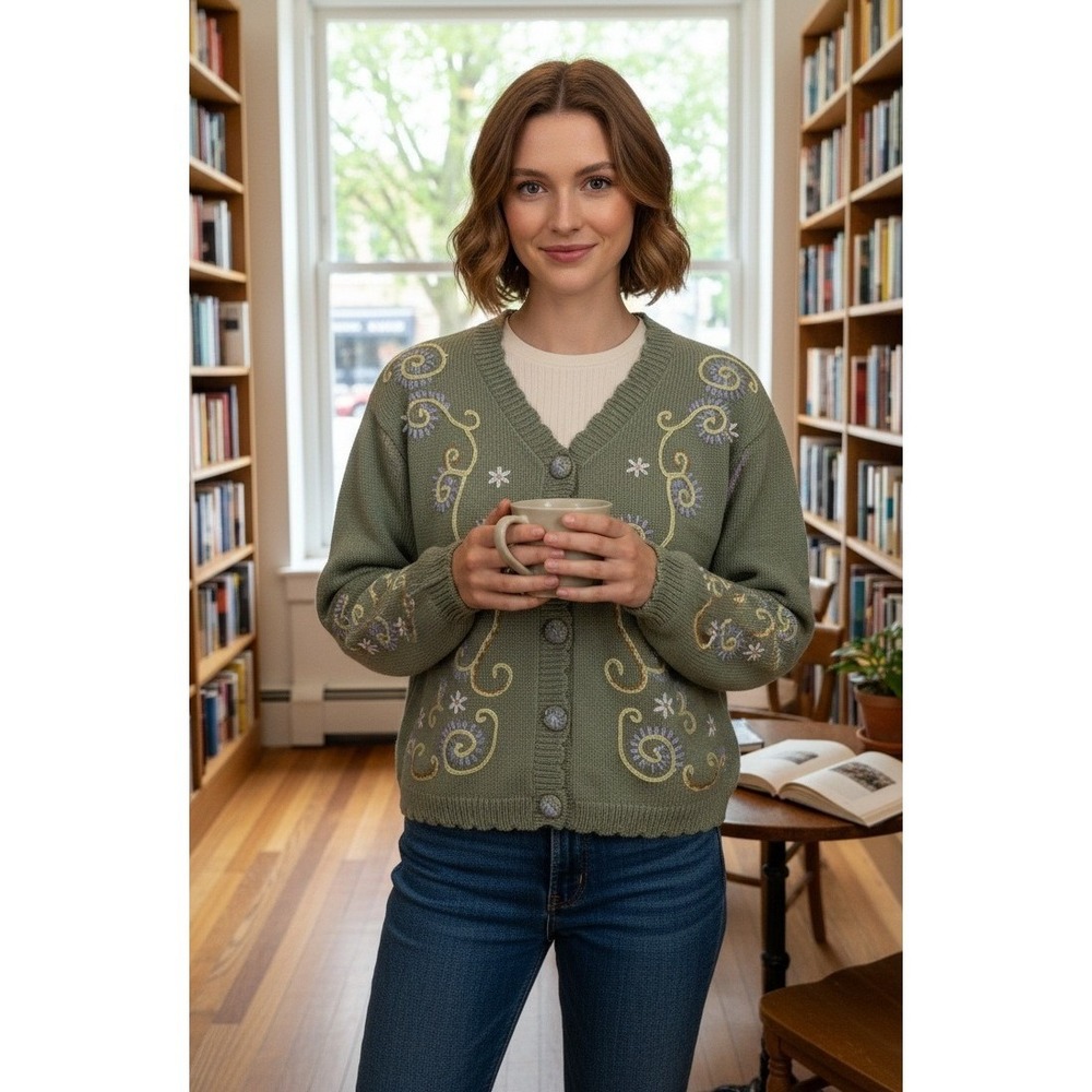 Kindred Spirit Sweater Cardigan Women's S Green Floral Embroidered Cottage NWOT